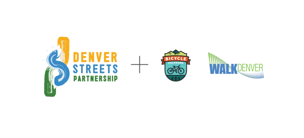The former logo for Denver Streets Partnership, a plus sign, the Bicycle Colorado logo, and the Walk Denver logo.