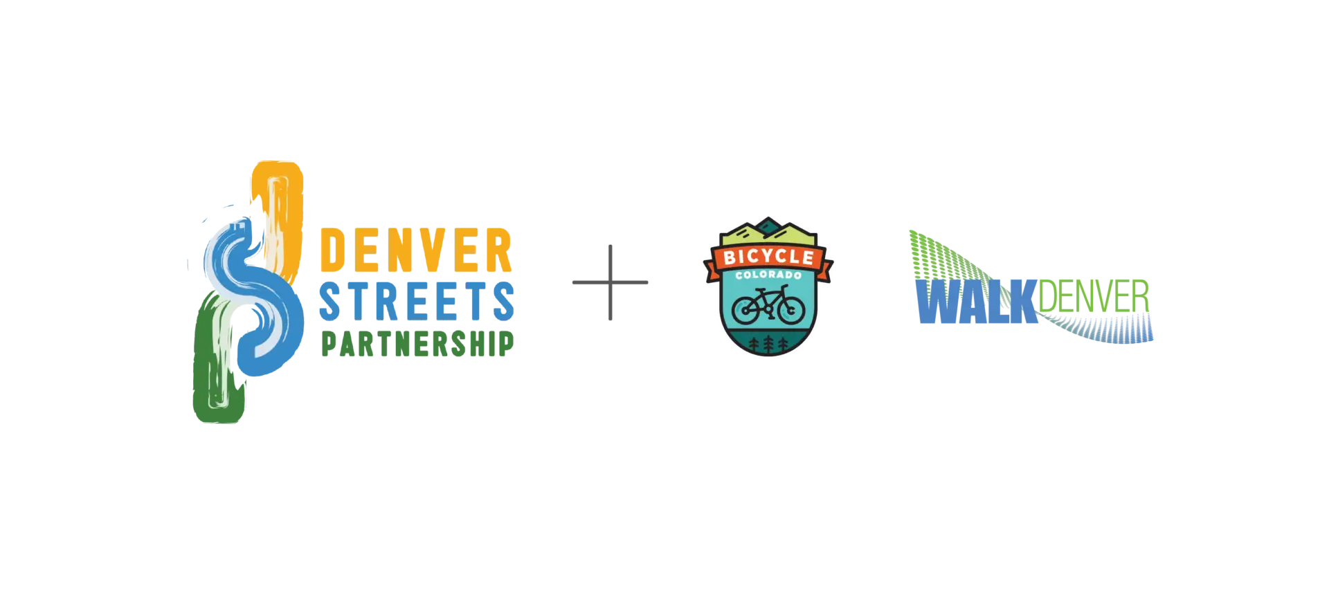The former logo for Denver Streets Partnership, a plus sign, the Bicycle Colorado logo, and the Walk Denver logo.