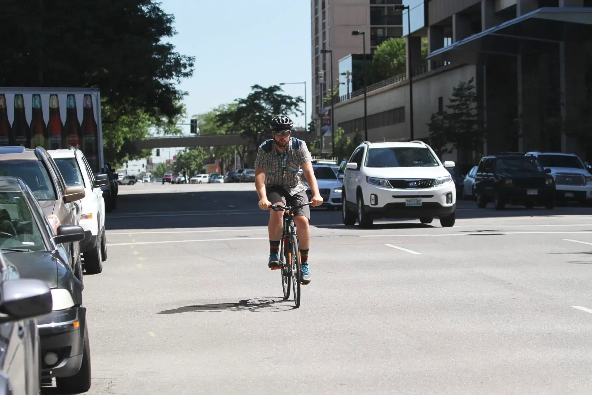 Bicyclist rides in the road