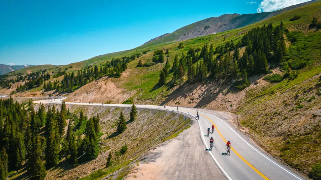 Triple Bypass bicyclists ride on the road