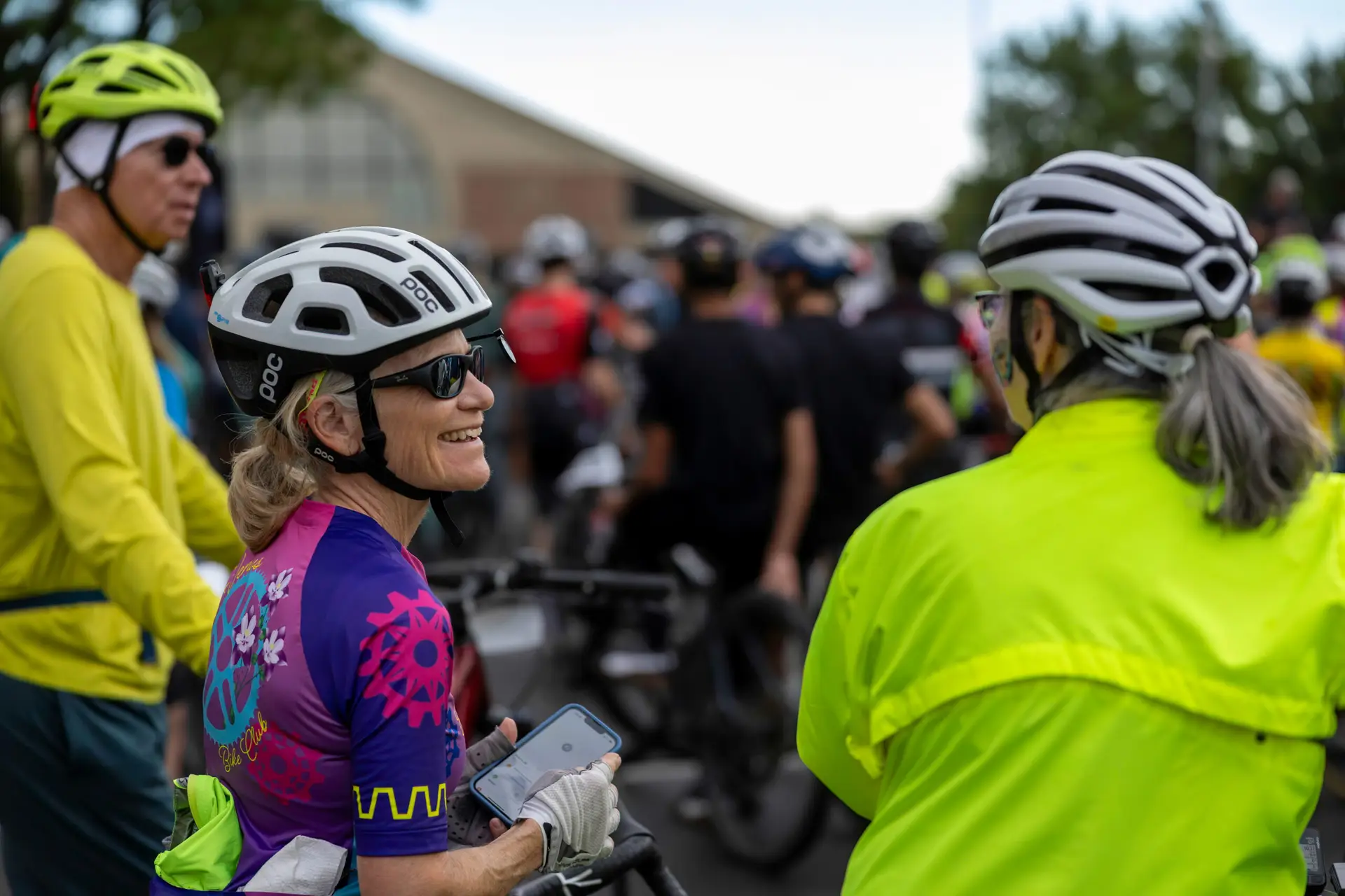Bicyclists talk together