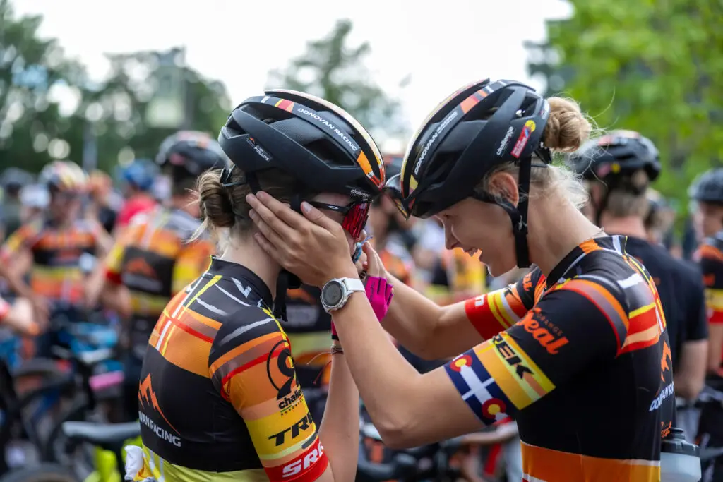 Two cycling teammates